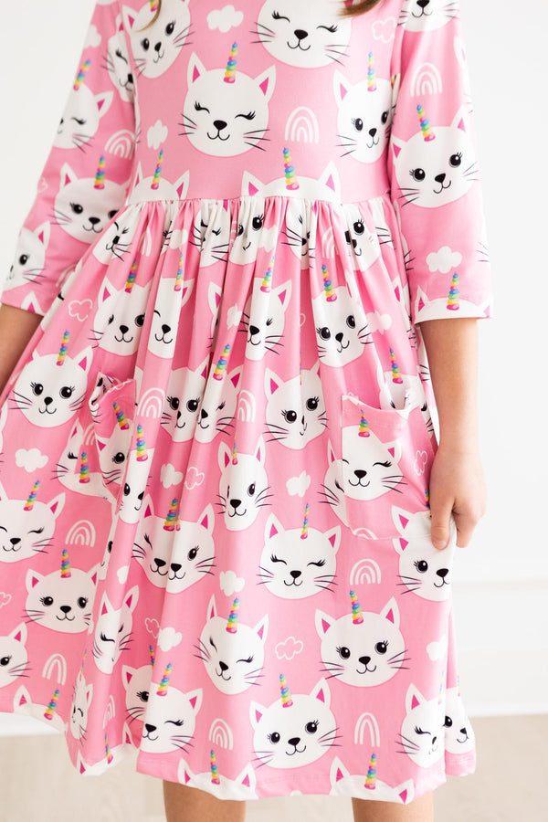 unicorn-kitties-3-4-sleeve-pocket-twirl-dress Mila &  Rose - Sophia's Style-Unicorn Kitties 3/4 Sleeve Pocket Twirl Dress-6-12M--1